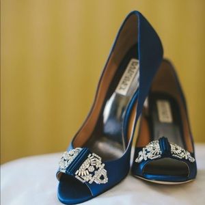 Badgley Mischka Davida Pump in Navy Satin, Size 6 1/2